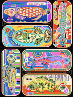 Collection of decorative vintage sardine tin can labels with colorful fish designs and ornate patterns