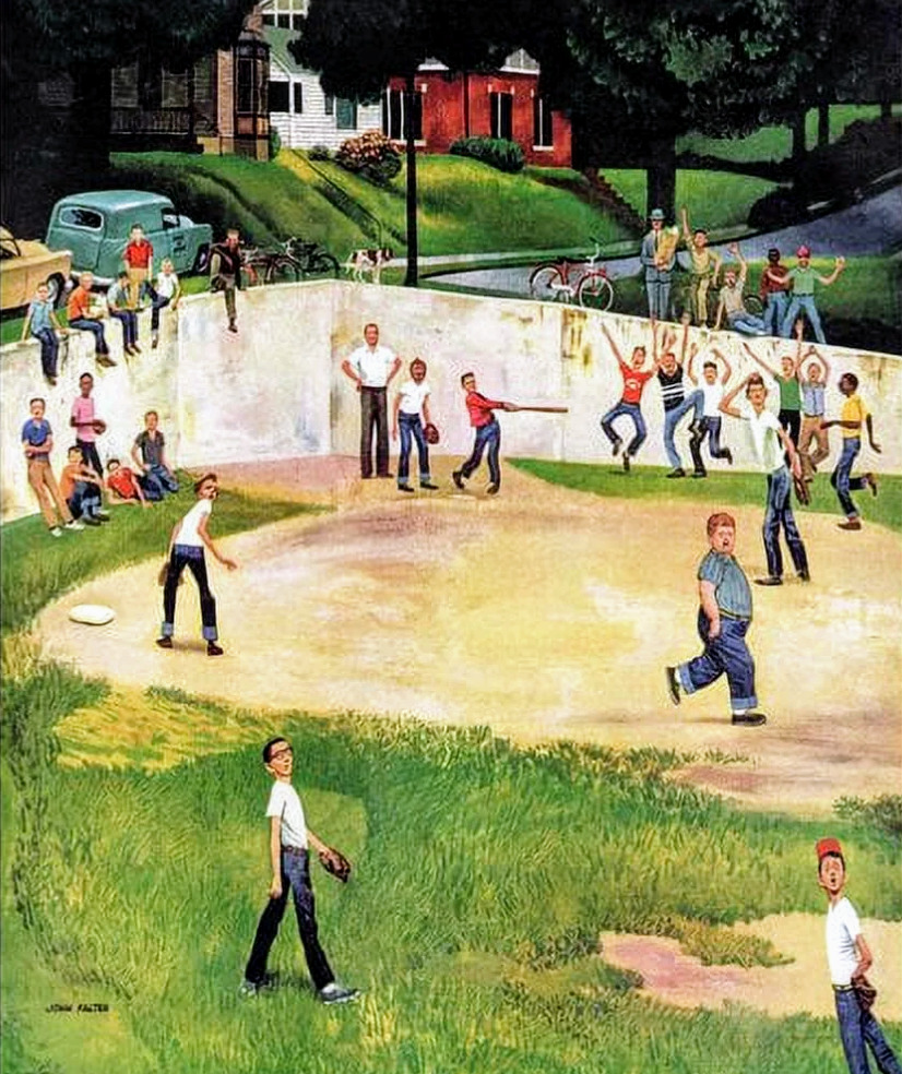 Vintage illustration of boys playing baseball in a neighborhood sandlot with houses and spectators
