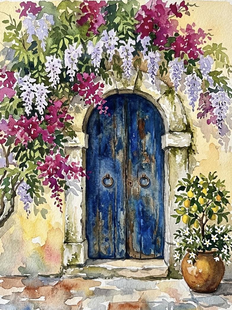 Blue Door with Flowers