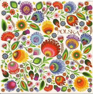 Vibrant Polish folk art with colorful flowers and botanical patterns labeled Polska