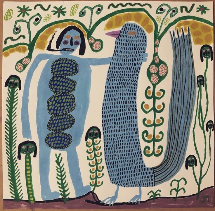 Abstract folk art with curved blue patterns, small human figures, and decorative plant elements on cream background