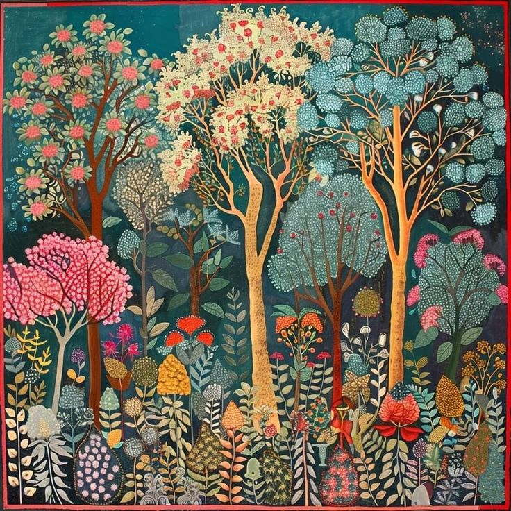 Stylized forest artwork with tall trees, flowers, and patterned foliage on a dark teal background