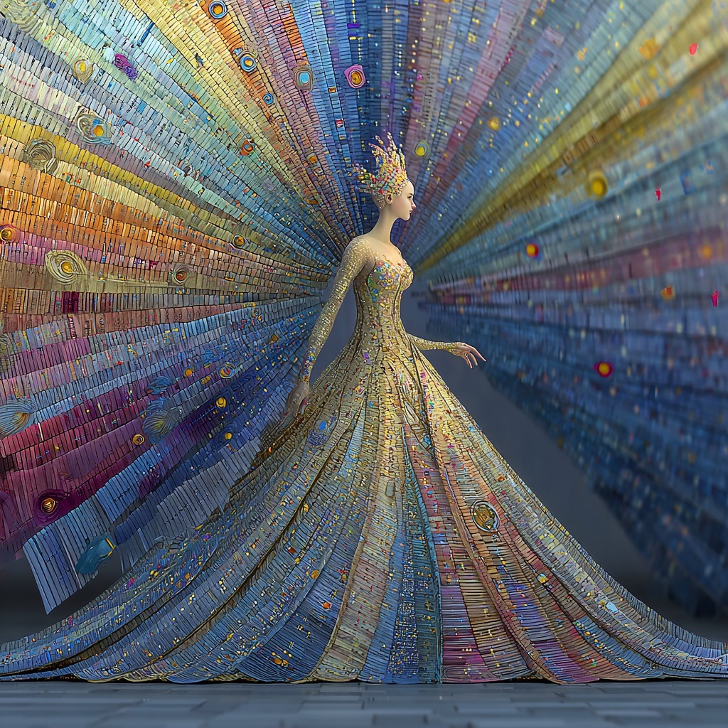 Princess in flowing gown of rainbow-colored book pages radiating in spiral pattern