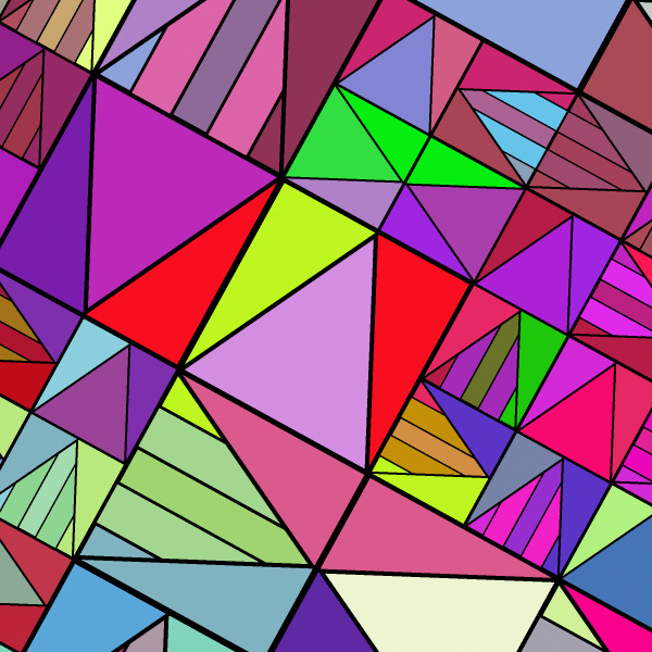 Abstract geometric pattern of colorful triangles in pink, purple, green, yellow, and blue tones