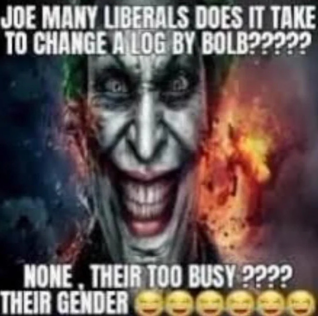 Joker-style face with dark makeup, flames in the background, and white meme text