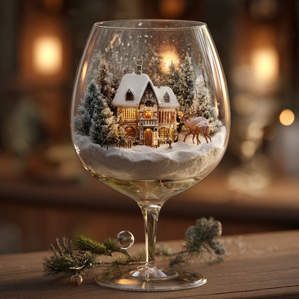Wine glass with a miniature snowy Christmas village, trees, and deer inside