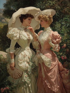 Two Victorian women in ornate dresses with parasols standing in a garden with roses