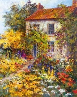 Impressionist painting of white cottage with colorful flower garden in warm sunlight