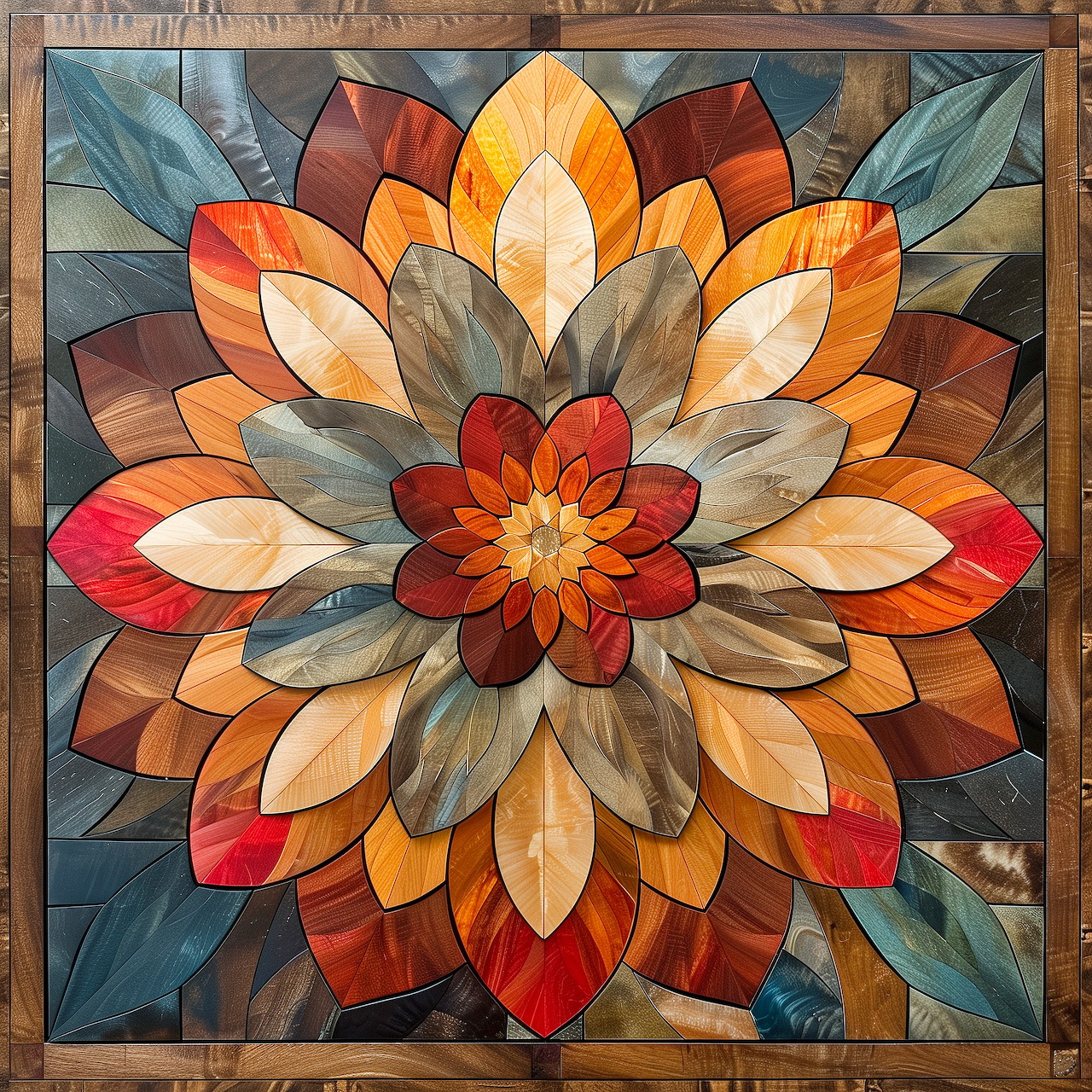 Colorful wooden marquetry mandala with geometric flower petals in orange, red, cream, and teal tones within wood frame