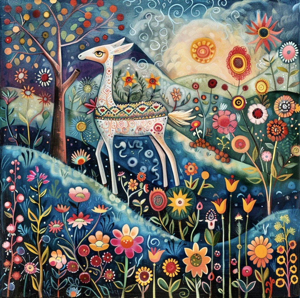 Folk art deer with floral patterns standing in colorful stylized garden with birds and flowers