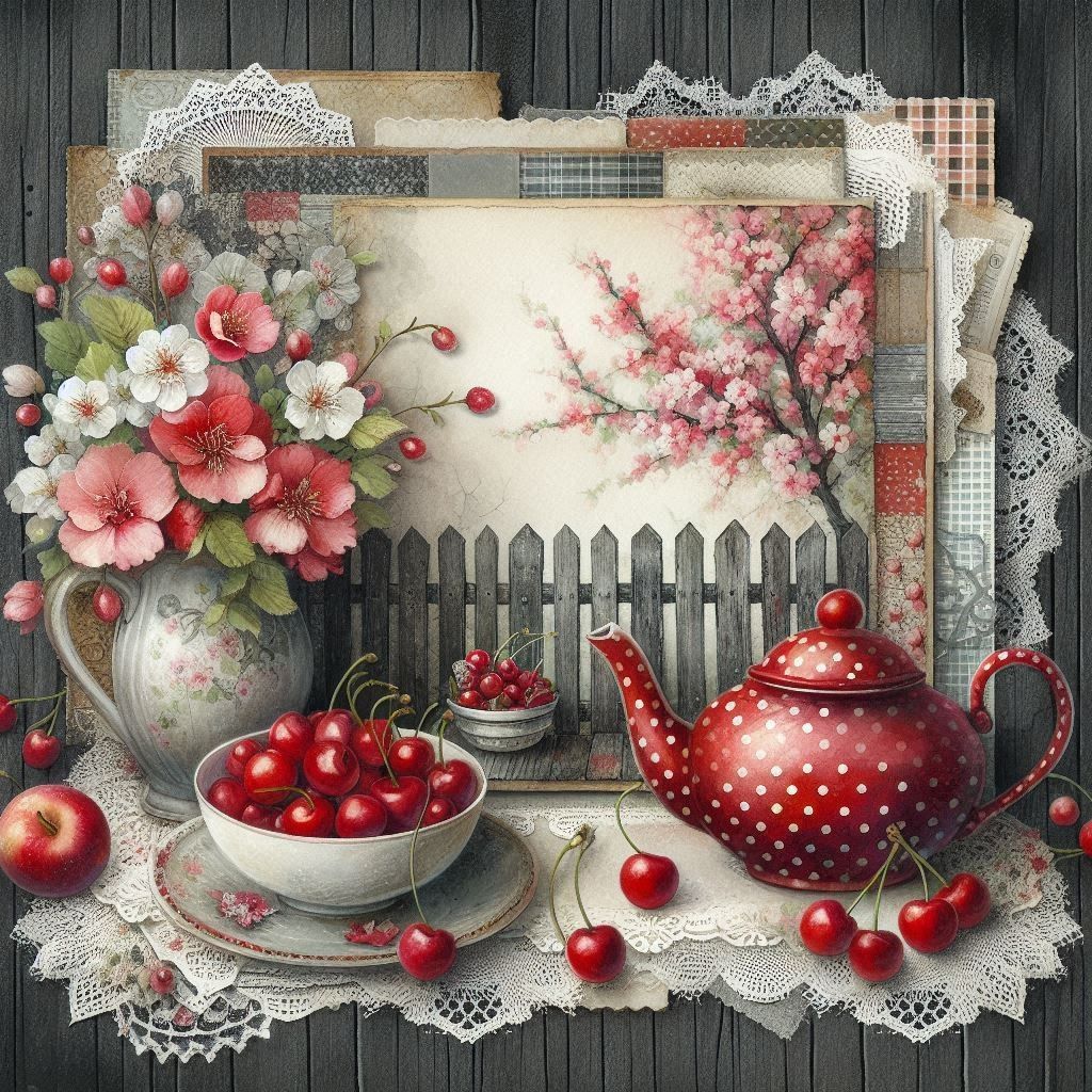 Vintage still life with flowers, red teapot, cherries, and lace on a wooden background