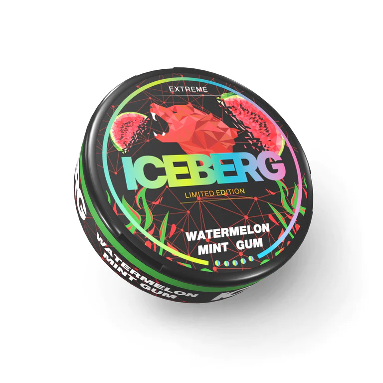 Round black Iceberg watermelon mint gum tin on a white background