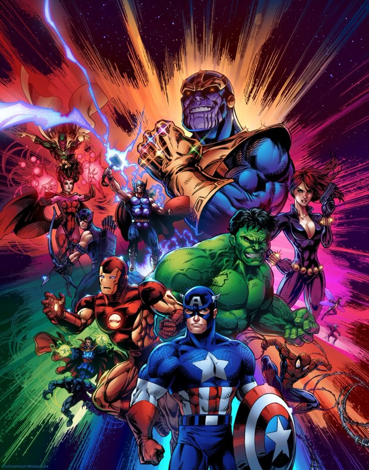 Illustrated poster of Avengers superhero team with explosive starburst background showing multiple Marvel characters