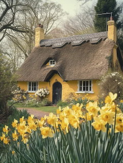 Thatched Cottage with Daffodils