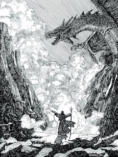 Black and white illustration of wizard facing dragon breathing flames in mountainous landscape