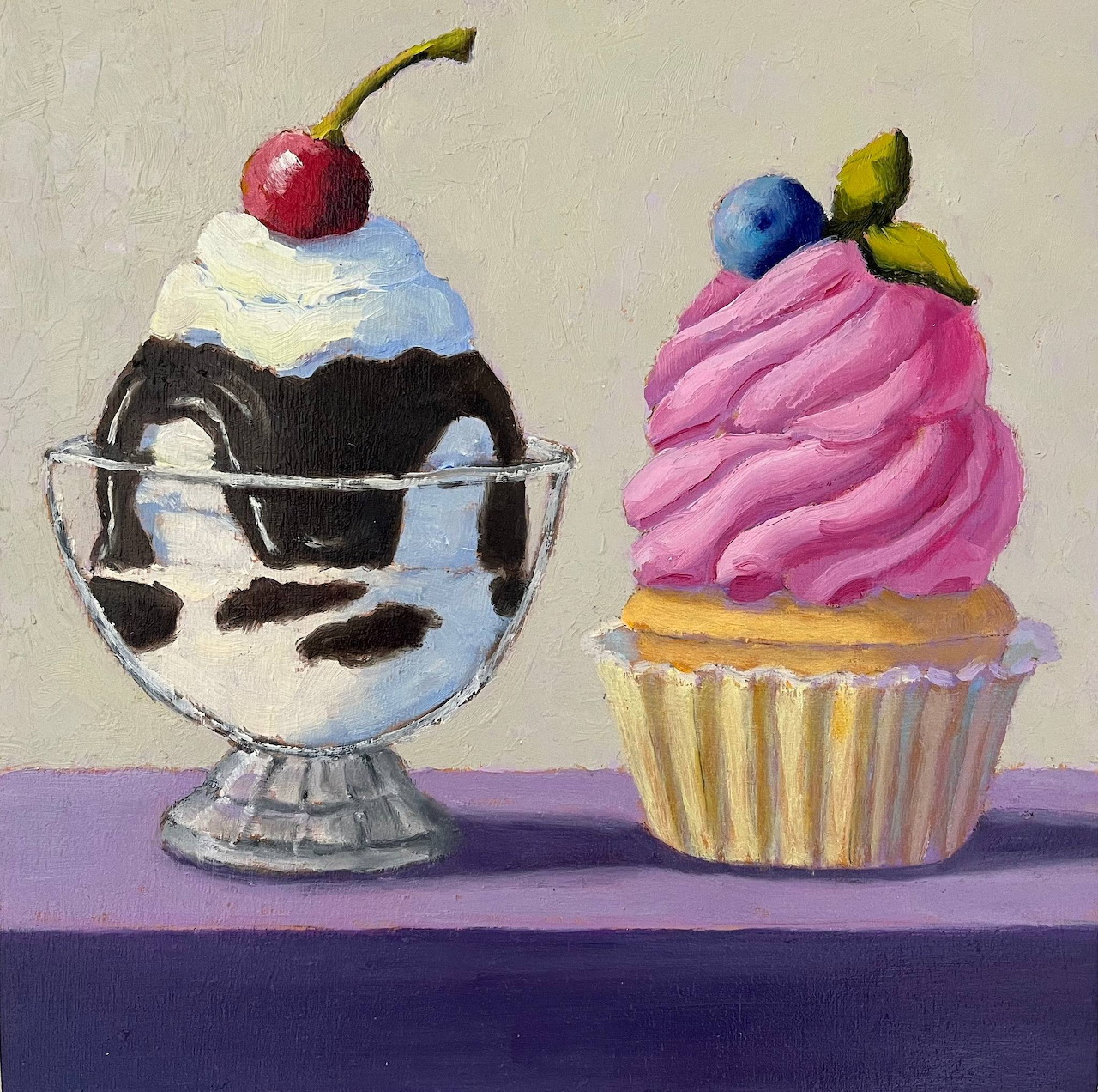 Painting of ice cream sundae with cherry and pink frosted cupcake with blueberries