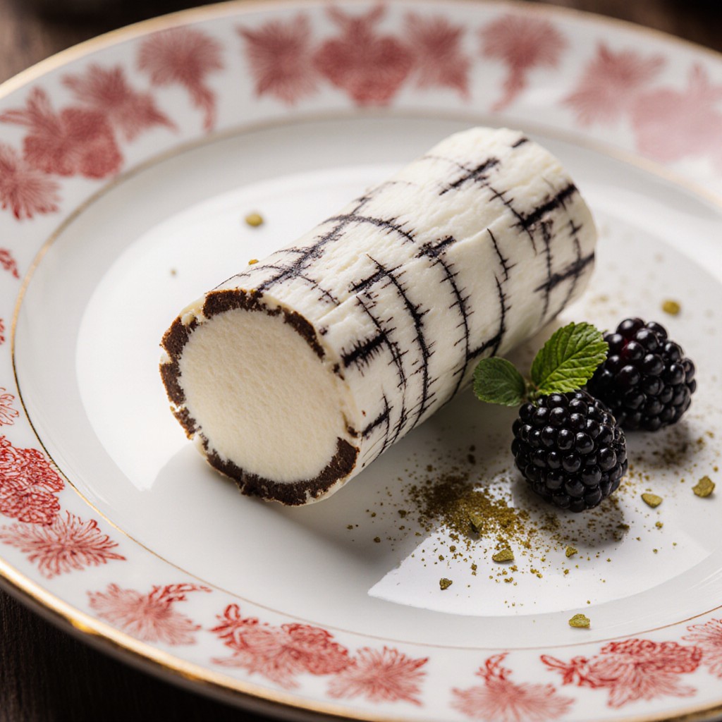 White cream roll dessert with chocolate drizzle, blackberries and mint garnish on ornate plate