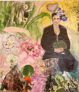 Artistic collage of woman in black jacket amid colorful flowers and botanical elements