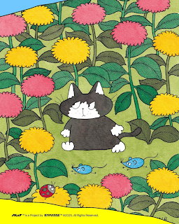 Black and white cat sitting in field of pink and yellow flowers with green foliage