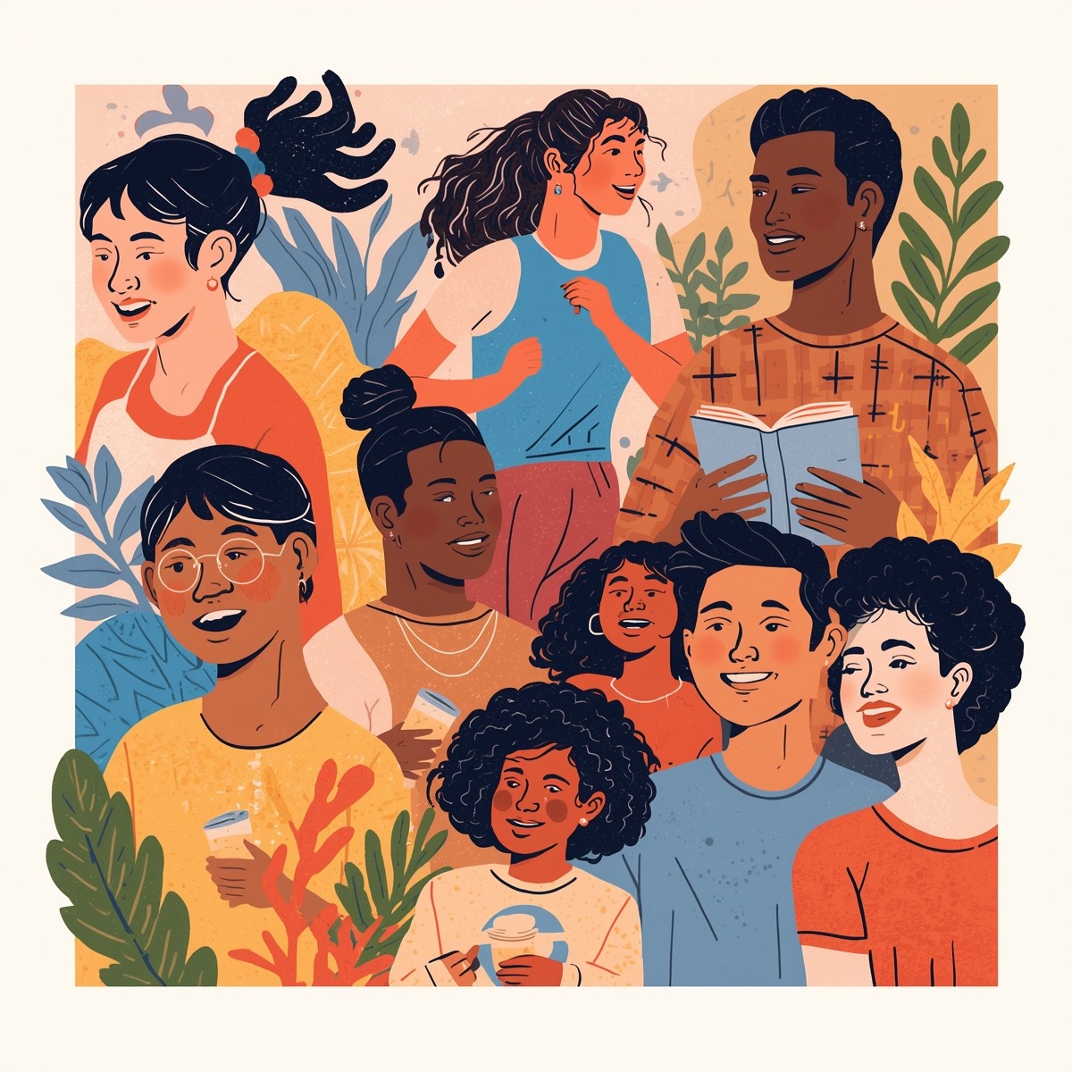 Colorful illustration of diverse smiling people with leafy plants