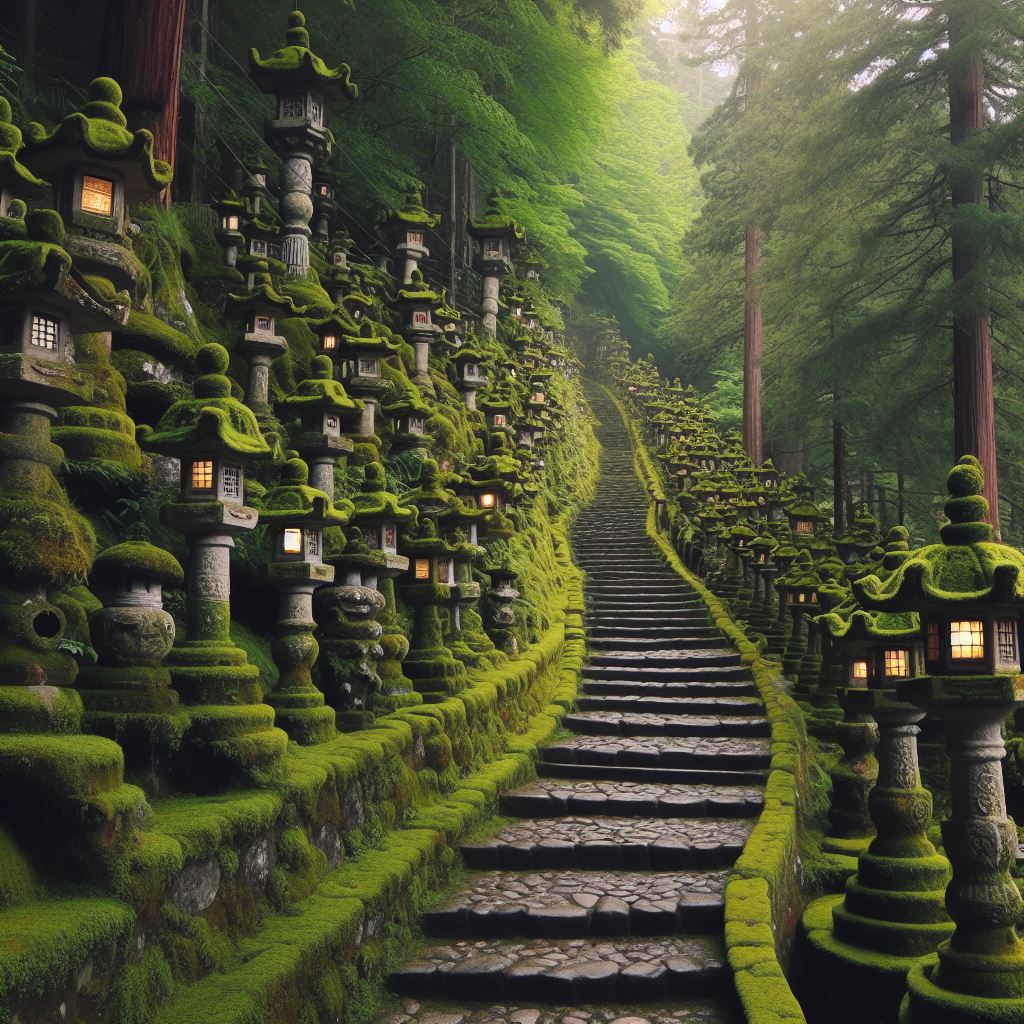 Stone stairs lined with moss-covered lanterns rising through green forest