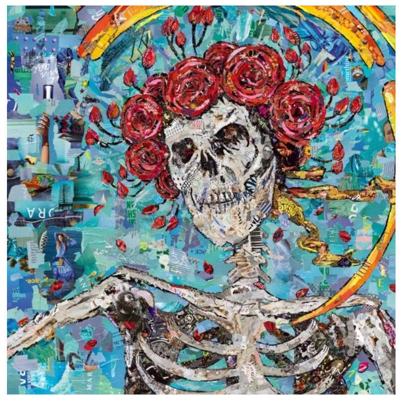 Painting of a skeleton wearing a crown of red roses on a turquoise abstract background