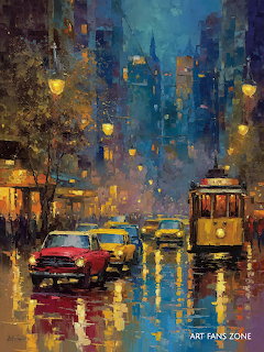 Painting of a rainy city street at night with vintage cars, a trolley, and glowing lamps reflecting on wet roads