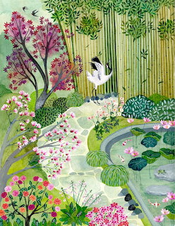 Watercolor painting of Japanese garden with pond, pink blossoms, bamboo fence, white birds, and lush greenery