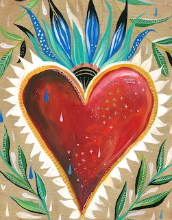 Stylized red sacred heart with blue flames and green leaves on a tan textured background