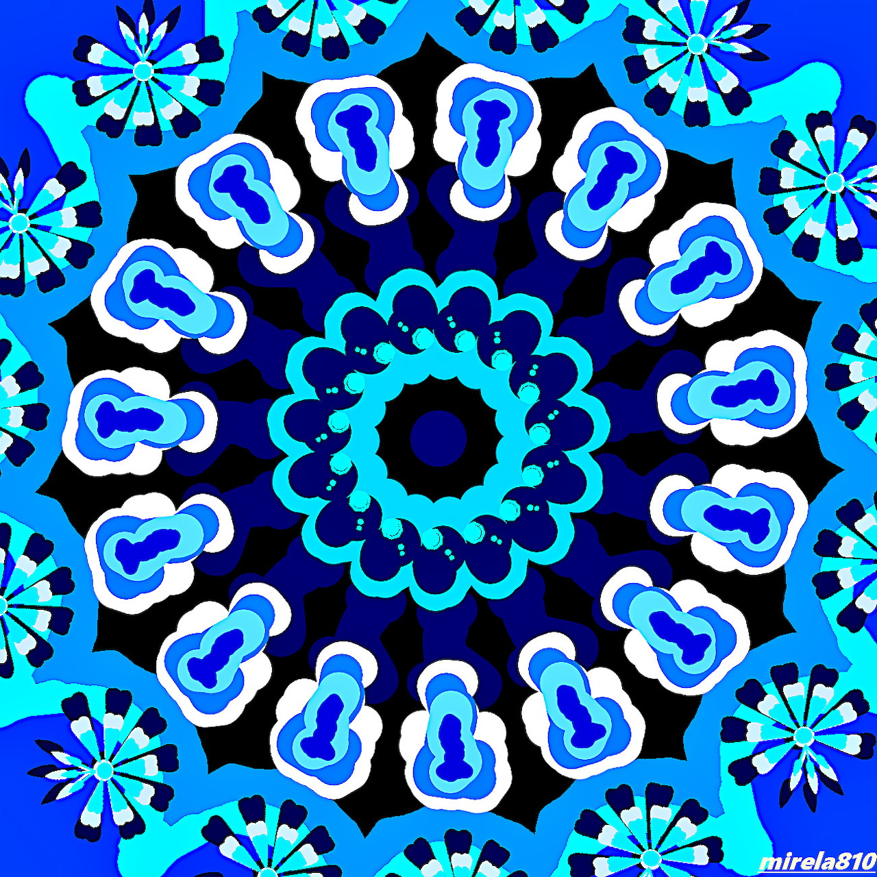 Symmetrical blue mandala with geometric patterns and floral motifs radiating from central flower on blue background