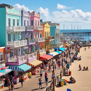 Colorful pastel buildings along beach boardwalk with shops, people, and ocean pier