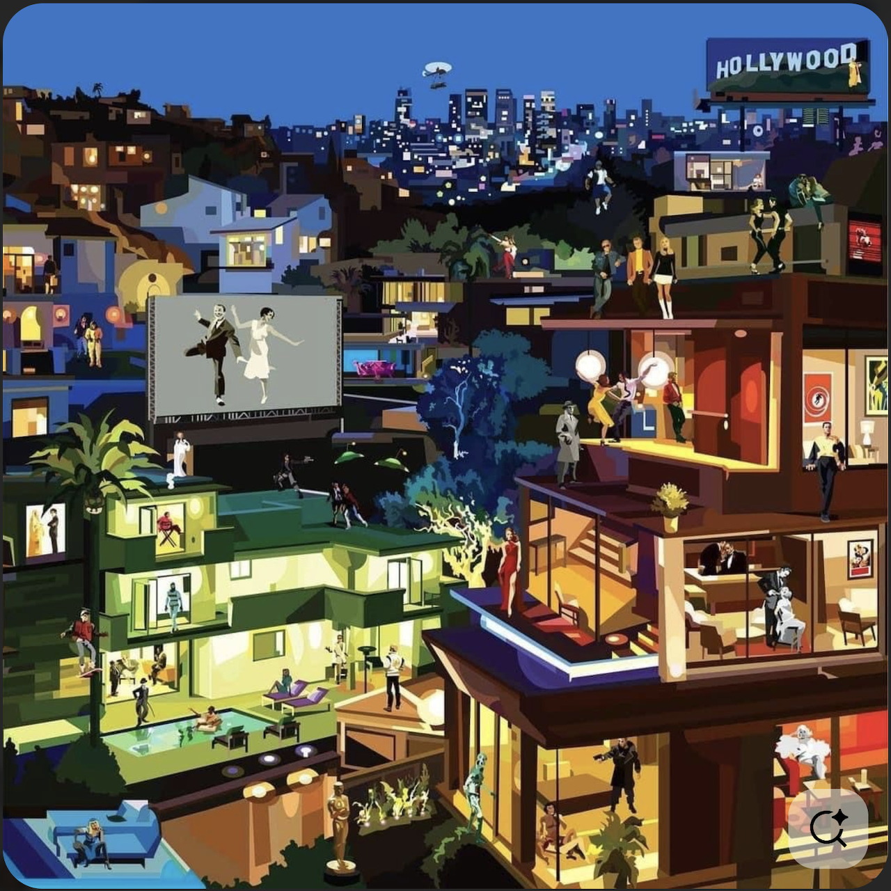 Illustrated nighttime hillside city with glowing houses and a Hollywood sign