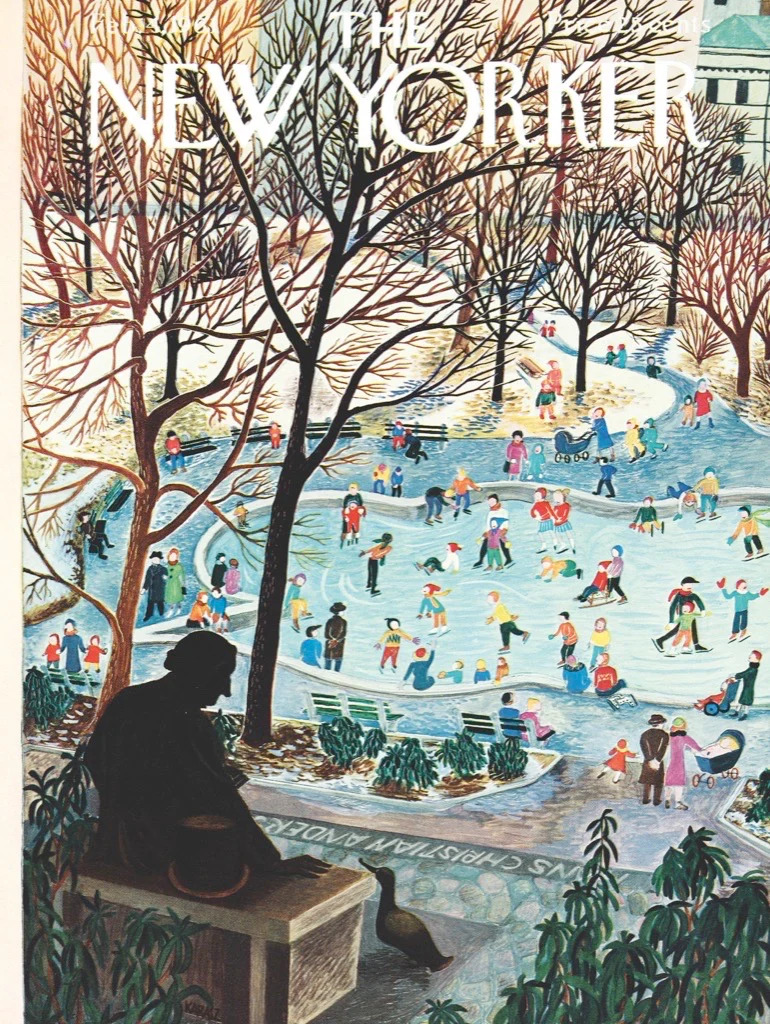 New Yorker magazine cover showing a busy ice skating rink in a winter park with colorful skaters and bare trees