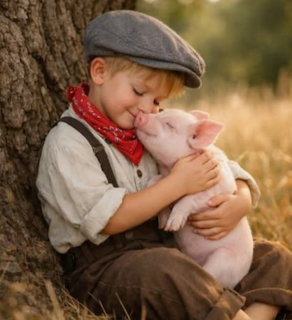 Young boy in cap and suspenders hugging a pink piglet outdoors