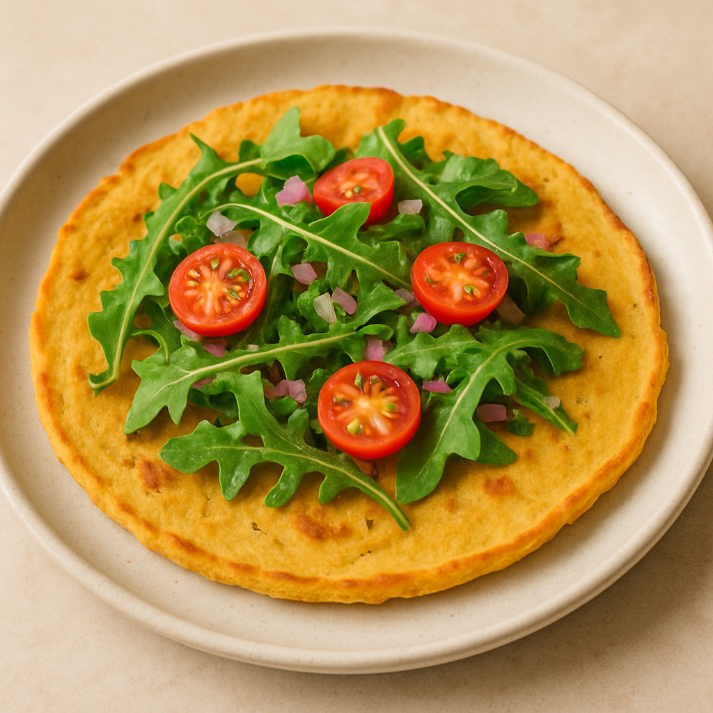 Socca flatbread topped with arugula and cherry tomatoes on white plate