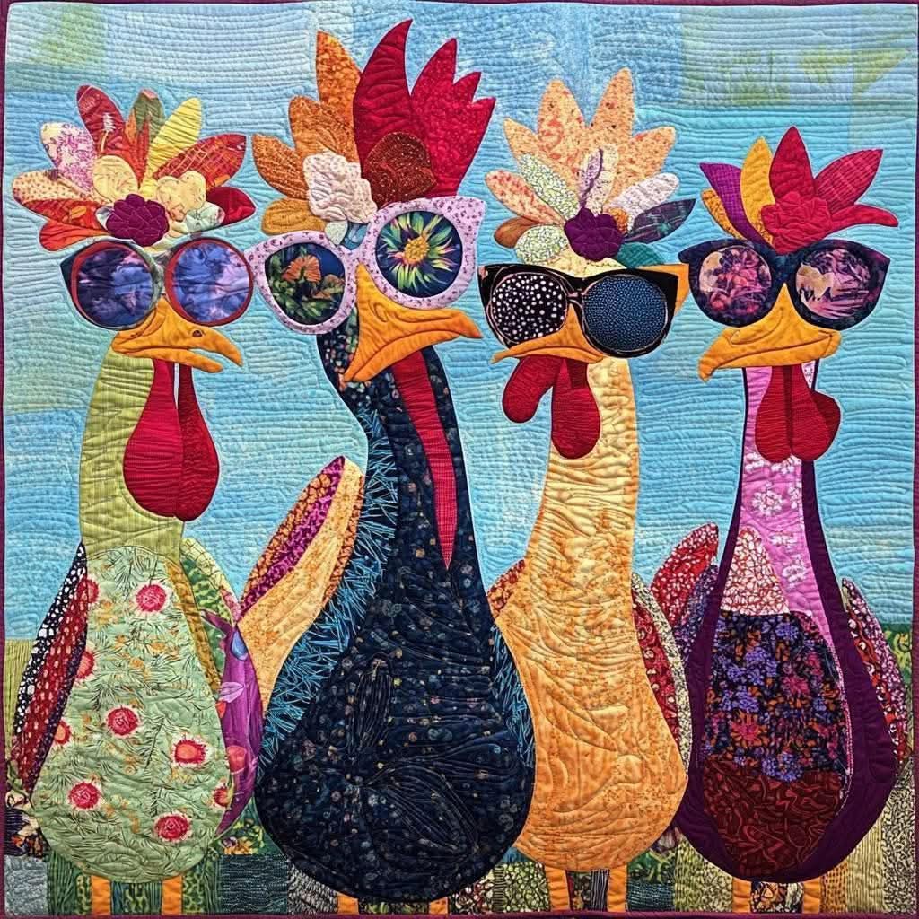 Four whimsical fabric roosters wearing sunglasses with bright feather plumes on blue quilted background