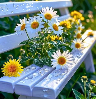 White daisies and yellow flowers on a wet white bench with water droplets