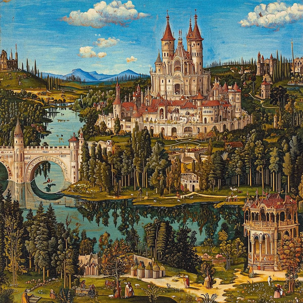 Detailed fantasy painting of a medieval castle with twin towers, bridge, and surrounding landscape