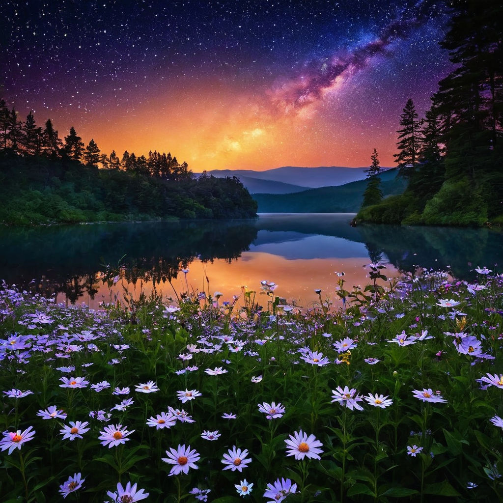 Purple flowers by lake at sunset with starry sky and mountain silhouettes reflected in calm water