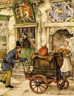 Watercolor painting of a street vendor with cart serving customers in front of decorated building facade