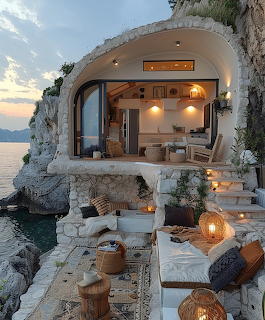 White cave house carved into rock cliff overlooking ocean with illuminated terrace and dining area at dusk