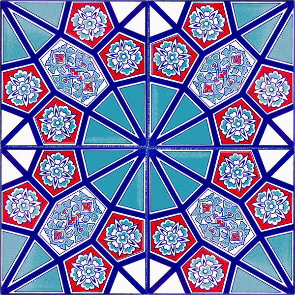 Blue, turquoise, red, and white geometric tile pattern with floral motifs in a circular layout
