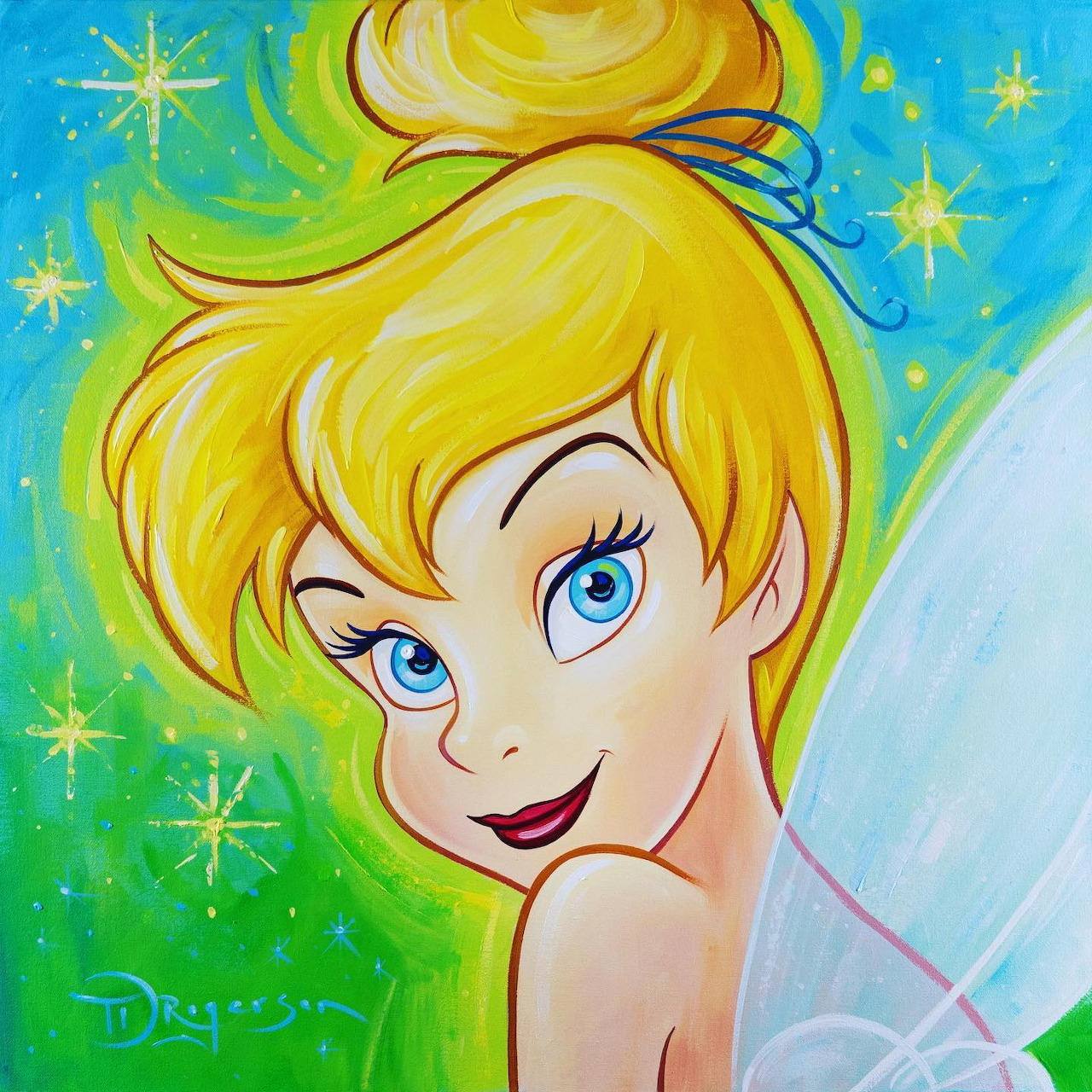 Tinker Bell Disney fairy with blonde hair and blue eyes smiling against magical starry background