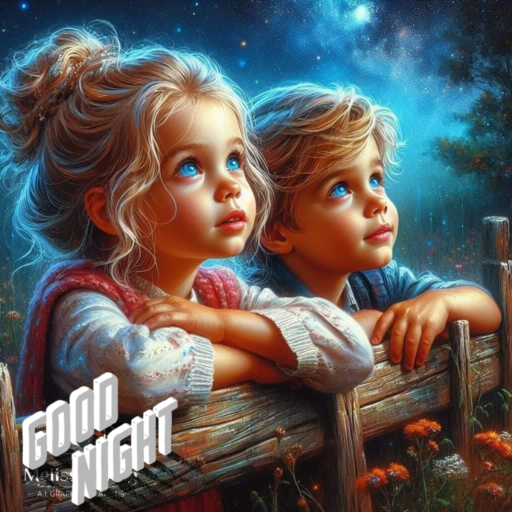 Two children with blue eyes looking up at a starry night sky with glowing nebula
