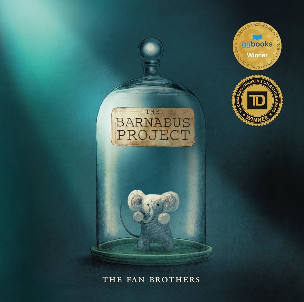 Small elephant-like creature inside glass bell jar with gold award seals on teal background