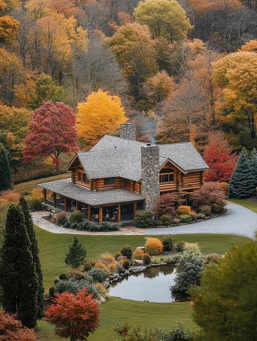 Country house with sloped roof surrounded by trees and garden