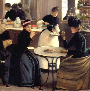 Painting of women in dark dresses sitting at a cafe table in a softly lit Victorian interior