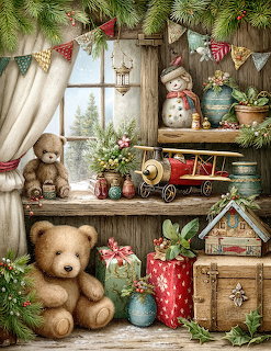 Festive display of vintage teddy bears and Christmas toys on wooden shelves with pine garland and winter window view