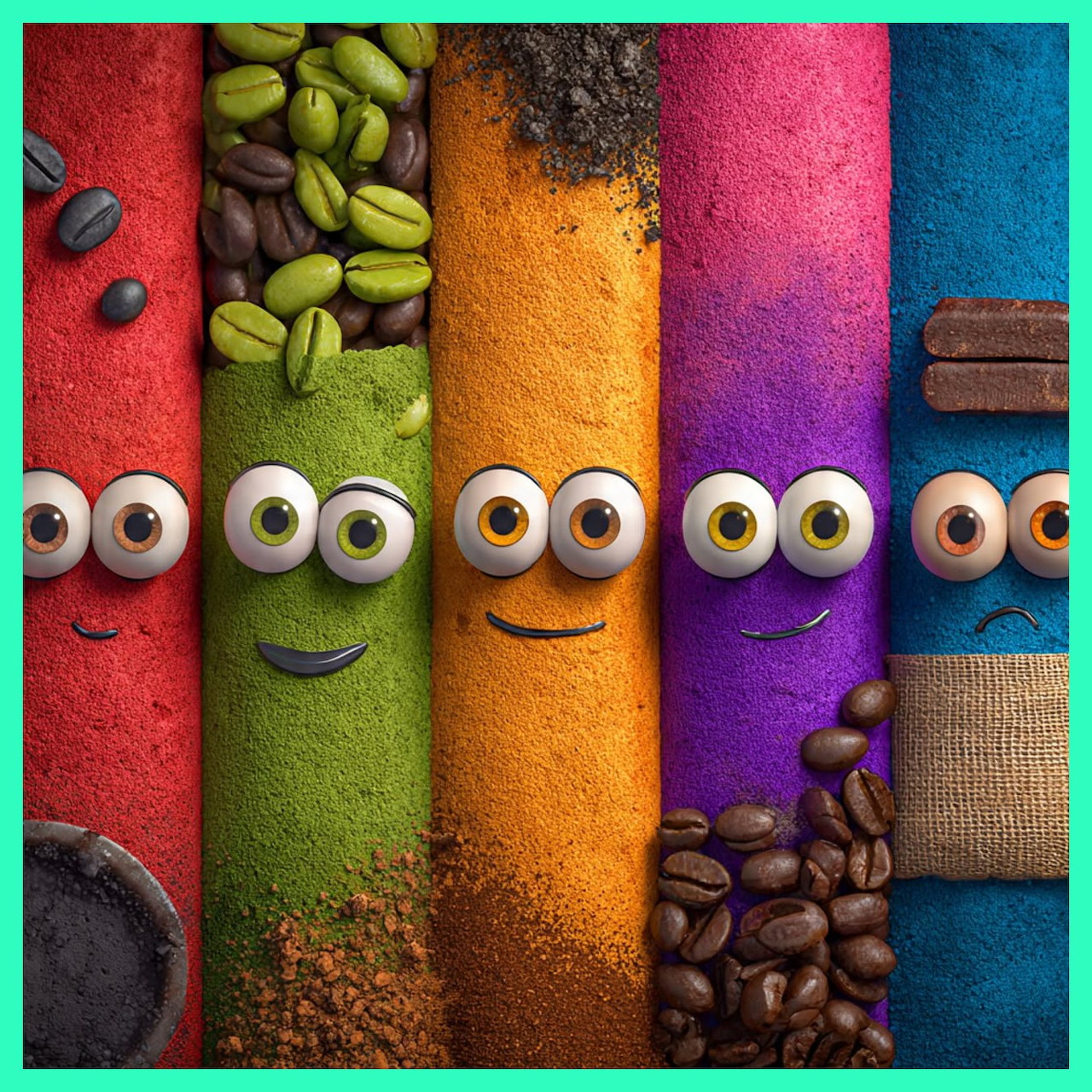 Five colorful cartoon coffee cup characters with googly eyes and smiling faces arranged in vertical strips