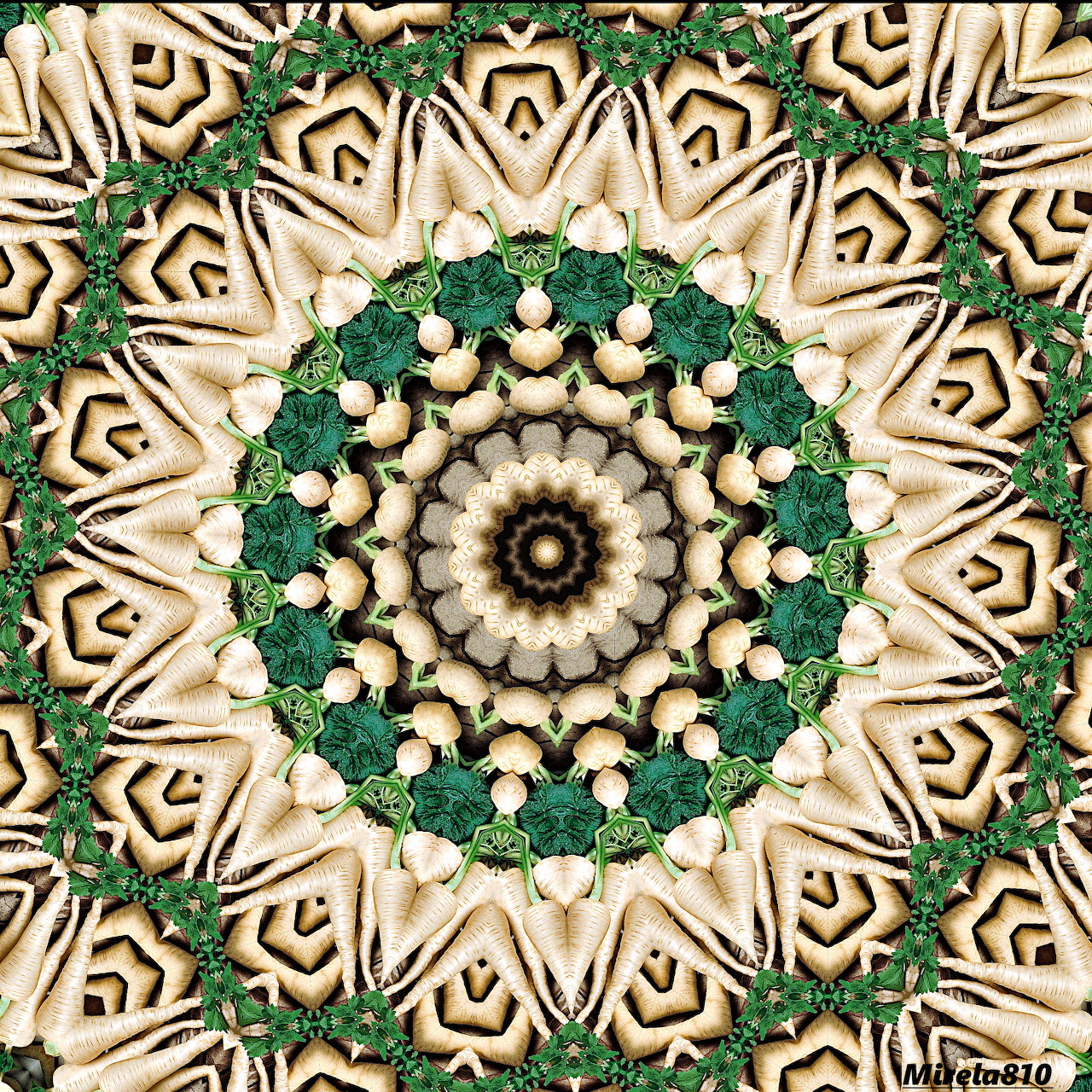 Symmetrical mandala pattern with green and cream ornamental designs radiating from center